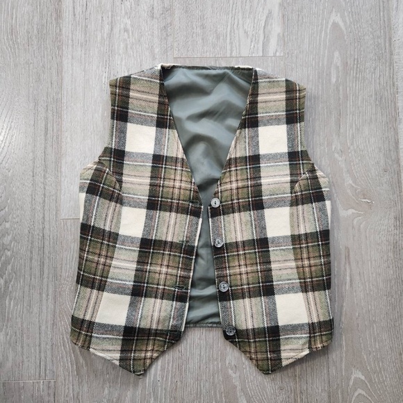 Vintage Checkered Irish Wool Vest Size XS (Green, Brown, Beige) - Picture 2 of 6